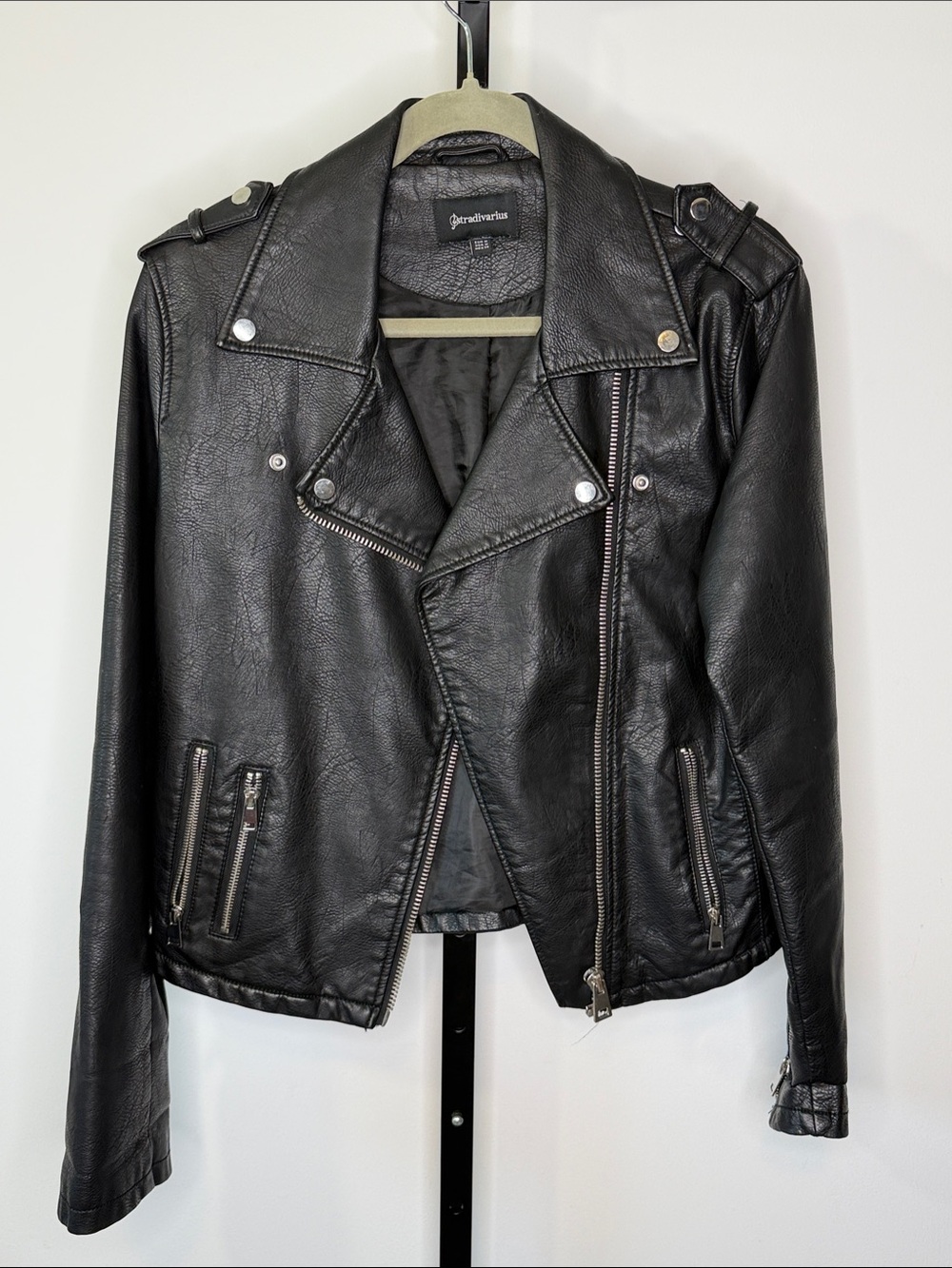 Stradivarius Black Faux Leather Biker Jacket with Silver Hardware